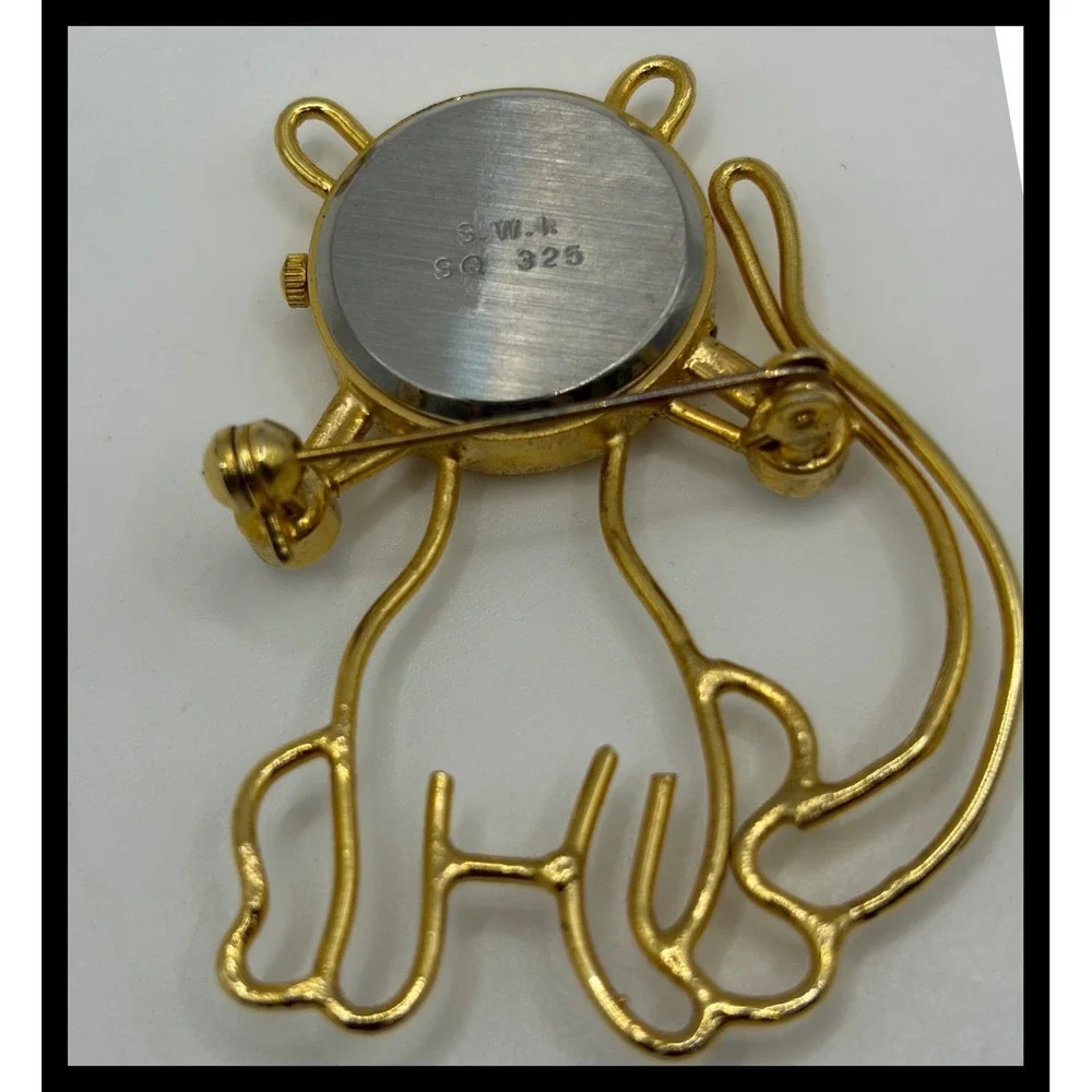 Vienna Cat Brooch Watch Womens Gold Tone Rhinestone Novelty Jewelry